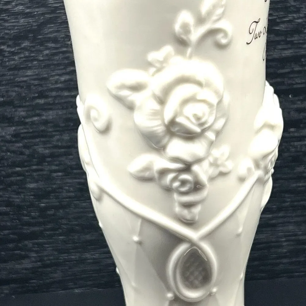Valentines/Wedding Vase “Two Hearts…One Love..” Embossed Roses, Gold Tone Trim